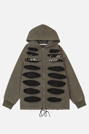 Concert Outfit Ripped Drawstring Zip-Up Jacket
