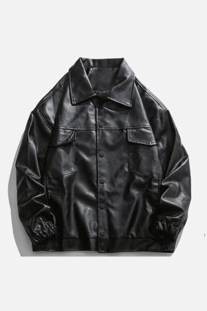 Concert Outfit Solid Color Lapel PU Jacket