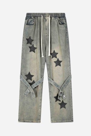 Concert Outfit Star Embroidered Elastic Waist Jeans