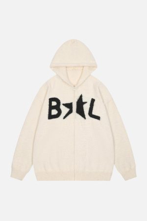 Concert Outfit Star Knit Hooded Zip Up Cardigan Sweater