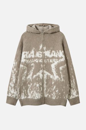 Concert Outfit Star Mohair Fuzzy Hooded Zip Up Sweater