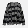 Concert Outfit Street Star Stripe Whisker Ripped Crew Neck Sweater