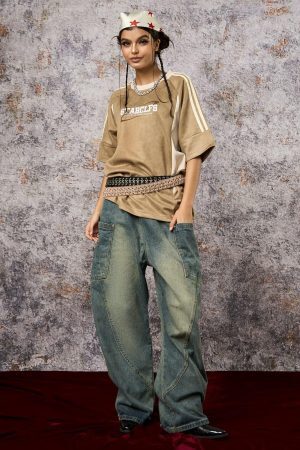 Concert Outfit Suede Contrast Color Spliced Letter Embroidery Oversize T-Shirt