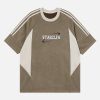 Concert Outfit Suede Contrast Color Spliced Letter Embroidery Oversize T-Shirt