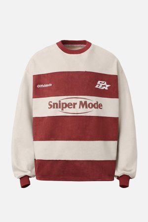 Concert Outfit Suede Contrast Stripe Embroidered Long SleeveT-Shirt