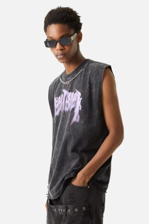Concert Outfit ThesupermadeVintage Metallic Phantom Letter Distressed Washed Vest