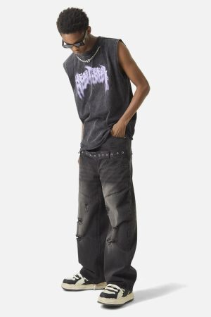 Concert Outfit ThesupermadeVintage Metallic Phantom Letter Distressed Washed Vest