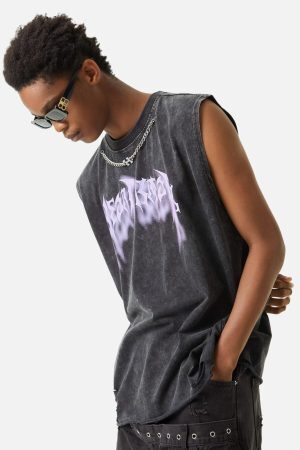 Concert Outfit ThesupermadeVintage Metallic Phantom Letter Distressed Washed Vest