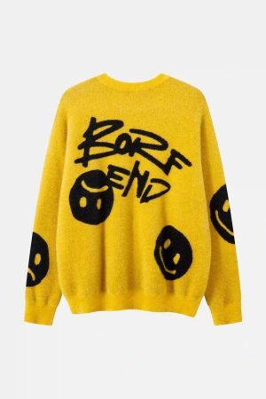 Concert Outfit Vintage Contrasting Smiley Face Sweater