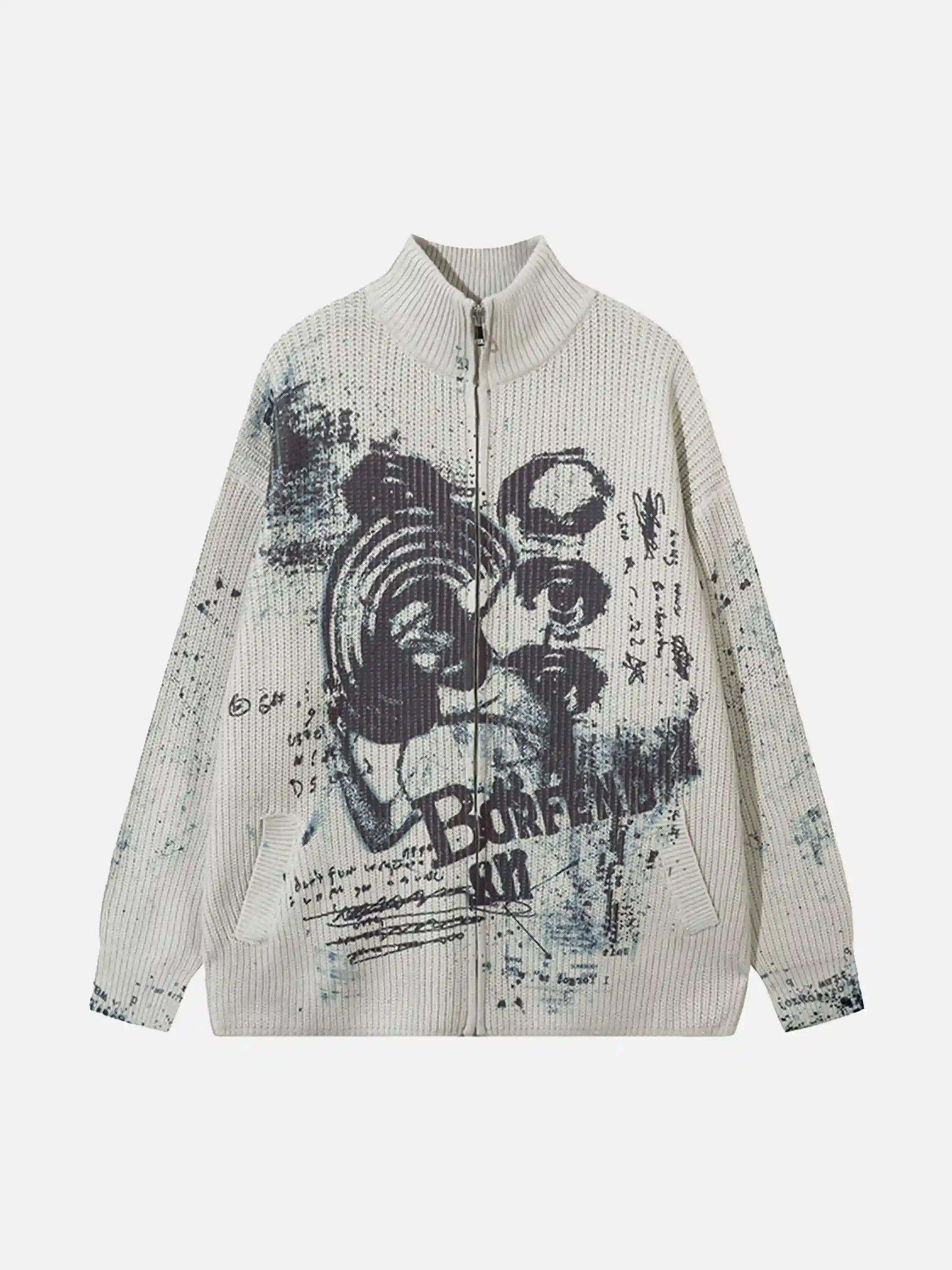Concert Outfit Vintage Graffiti Zip-Up Cardigan