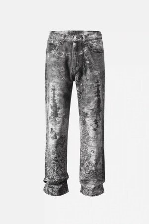 Concert Outfit Vintage Paisley Digital Print Straight Jeans
