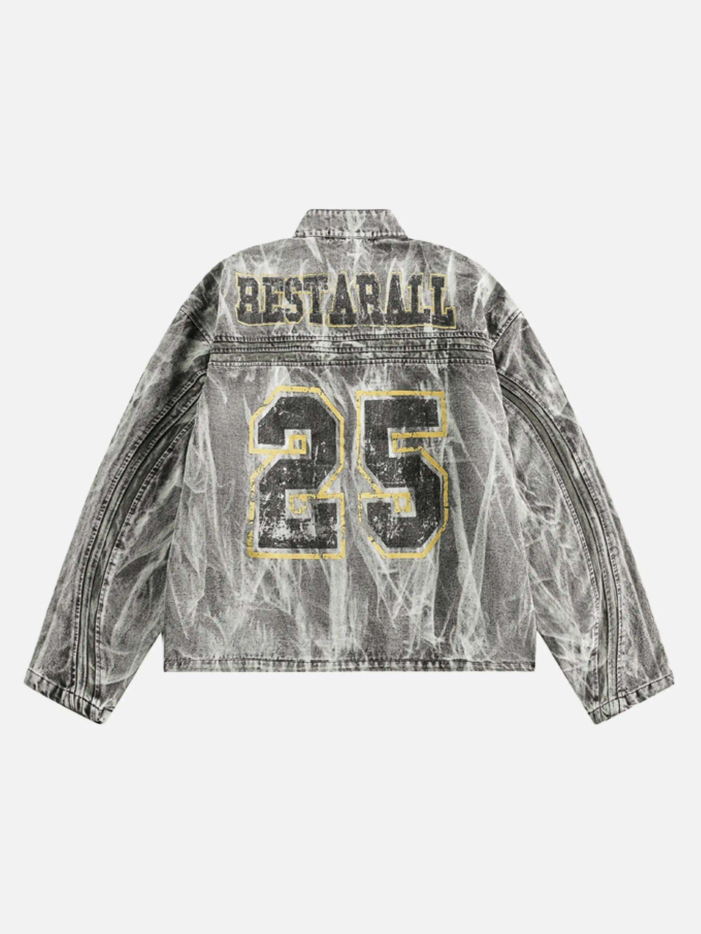 Concert Outfit Vintage Racing Distressed Print Zip-Up Collar Jacket