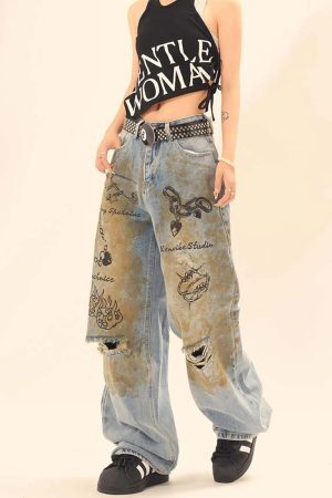 Concert Outfit Vintage Ripped Graffiti Jeans