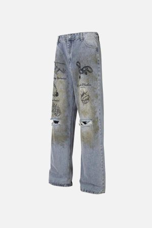 Concert Outfit Vintage Ripped Graffiti Jeans