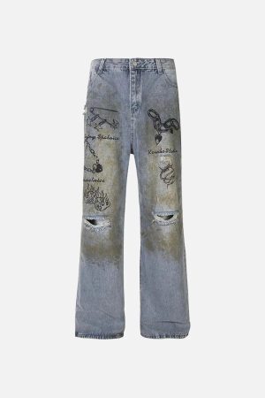 Concert Outfit Vintage Ripped Graffiti Jeans