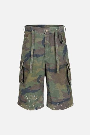 Concert Outfit Washed Destroyed Camouflage Drawstring Cargo Shorts