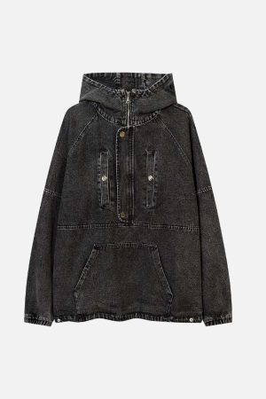Concert Outfit Washed Distressed Denim Zip-Up Hoodie