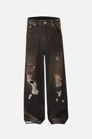 Concert Outfit Washed Distressed Multi-Pocket Ripped Jeans