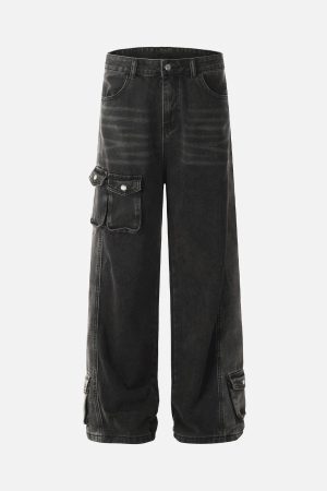 Concert Outfit Washed Distressed Multi-Pocket Straight Cargo Jeans