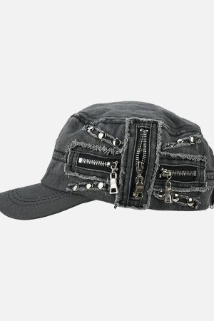 Concert Outfit Washed Rivet Zipper Flat Top Cap