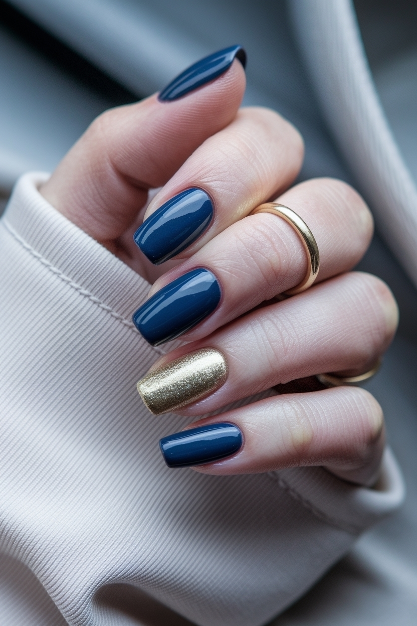 Navy Blue and Gold Nails: Elegance with a Touch of Glam outfit idea