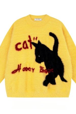 New Style Trends - Aesthetic Fuzzy Black Cat Knit Sweater - Outfit Ideas