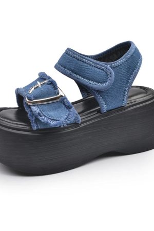 New Style Trends - Aesthetic Y2k Denim Heart Buckle Sandals - Outfit Ideas
