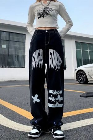 New Style Trends - Alt Black Star Print High Waist Jeans - Outfit Ideas