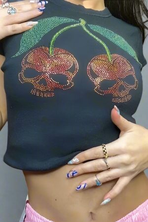 New Style Trends - Alt Cherry Skull Rhinestone Crop Top - Outfit Ideas