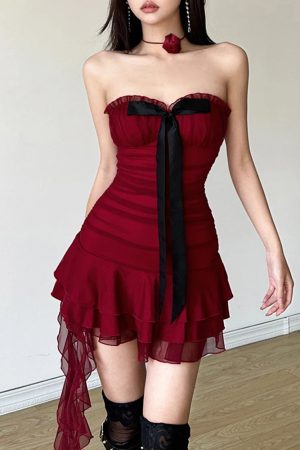 New Style Trends - Alt Crimson Ruffle Strapless Dress - Outfit Ideas