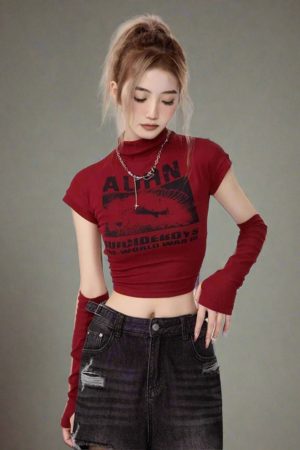 New Style Trends - Alt Graphic Mock Neck Crop Top - Outfit Ideas