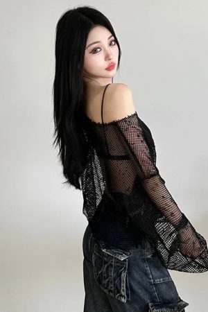 New Style Trends - Alt Venom Mesh Off Shoulder Long Sleeve Top - Outfit Ideas