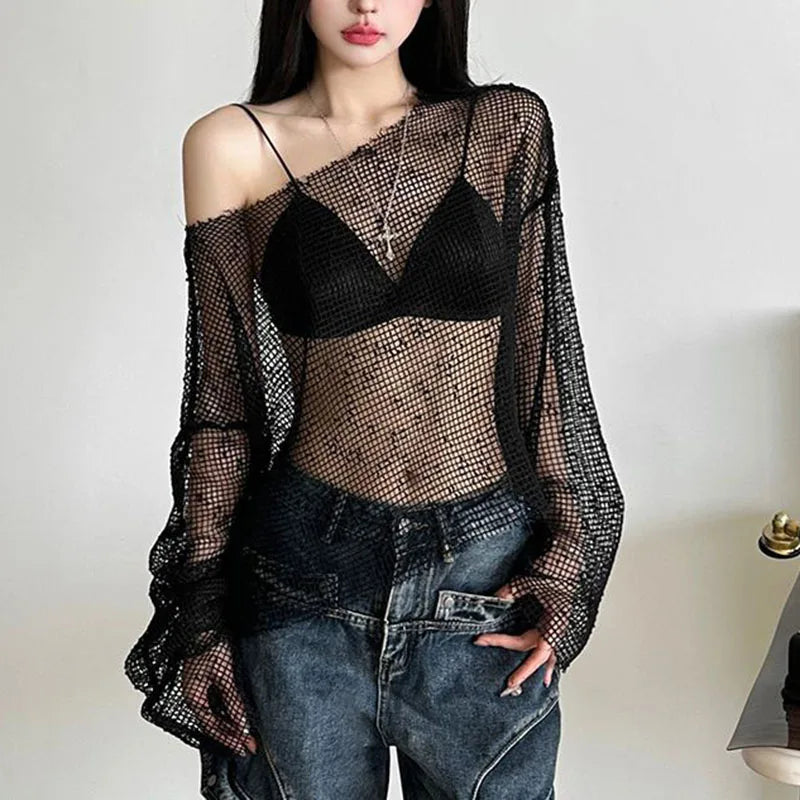 New Style Trends - Alt Venom Mesh Off Shoulder Long Sleeve Top - Outfit Ideas
