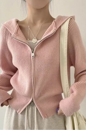 New Style Trends - Blush Ribbed Aesthetic Zip-Up Cardigan - Outfit Ideas