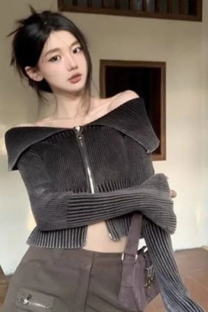 New Style Trends - Bubblegum Aesthetic Zip-Up Off-Shoulder Top - Outfit Ideas