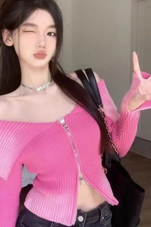 New Style Trends - Bubblegum Aesthetic Zip-Up Off-Shoulder Top - Outfit Ideas