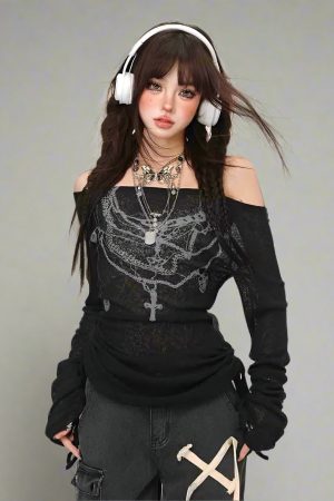 New Style Trends - Chains of Midnight Edgy Off-Shoulder Top - Outfit Ideas