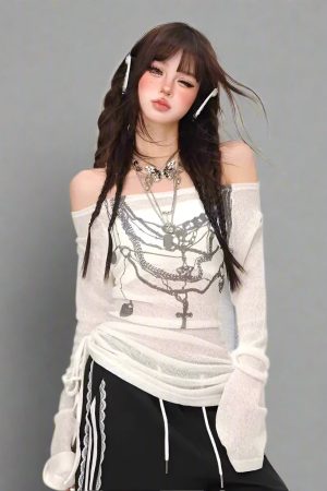 New Style Trends - Chains of Midnight Edgy Off-Shoulder Top - Outfit Ideas
