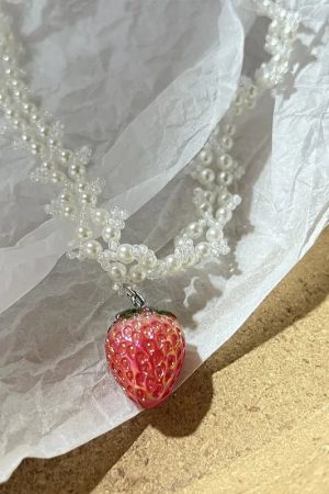 New Style Trends - Coquette Strawberry Pearl Charm Necklace - Outfit Ideas