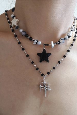 New Style Trends - Cosmic Noir Layered Y2k Necklace Set - Outfit Ideas