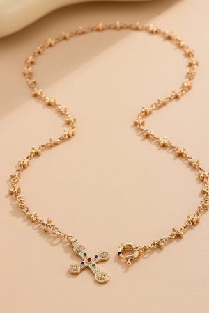 New Style Trends - Golden Rosary Cross Aesthetic Necklace - Outfit Ideas