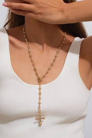 New Style Trends - Golden Rosary Cross Aesthetic Necklace - Outfit Ideas