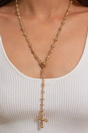 New Style Trends - Golden Rosary Cross Aesthetic Necklace - Outfit Ideas