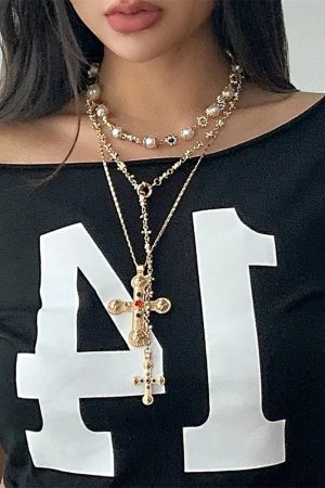 New Style Trends - Golden Saint Cross Aesthetic Layered Necklace - Outfit Ideas