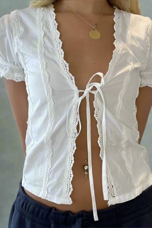 New Style Trends - Lace Whimsy Tie-Front Coquette Blouse - Outfit Ideas