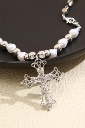 New Style Trends - Regal Pearl Cross Aesthetic Choker - Outfit Ideas