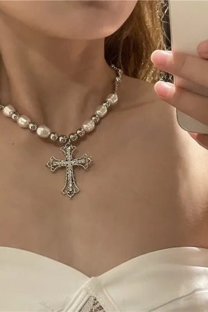 New Style Trends - Regal Pearl Cross Aesthetic Choker - Outfit Ideas