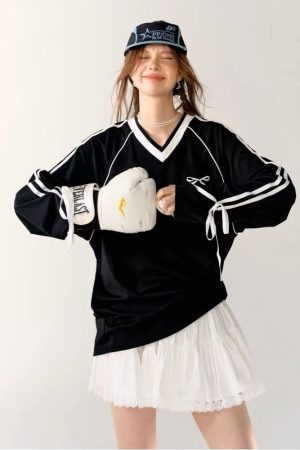 New Style Trends - Ribbon Play Aesthetic Oversized Jersey Top - Outfit Ideas