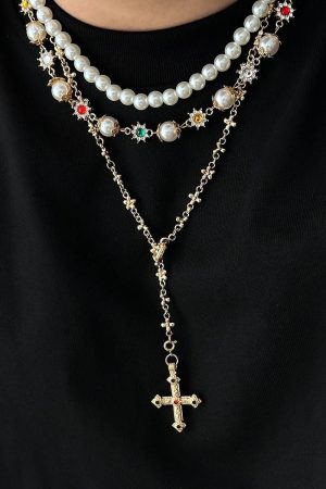 New Style Trends - Royal Pearl Cross Layered Aesthetic Necklace - Outfit Ideas