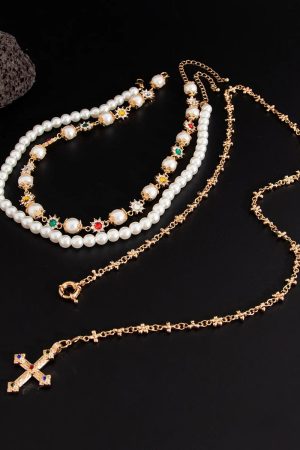 New Style Trends - Royal Pearl Cross Layered Aesthetic Necklace - Outfit Ideas